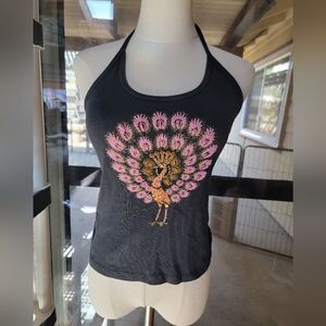 Black Halter Top with Beaded Peacock Design 🦚